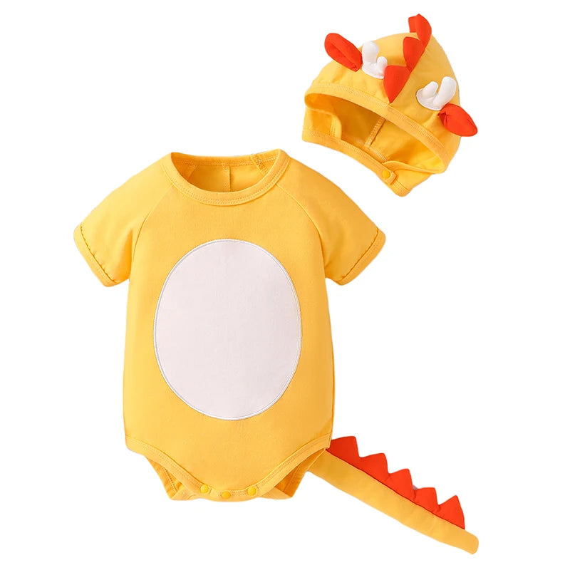 Adorable Toddler Dino Outfit Short Sleeve Round Neck Jumpsuit with Matching Hat Set Baby Clothing for Halloween