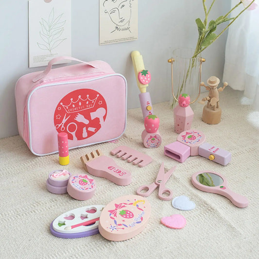 Play House Toys Set Wooden with Cosmetic Bag Lifelike for Role Play Toddler