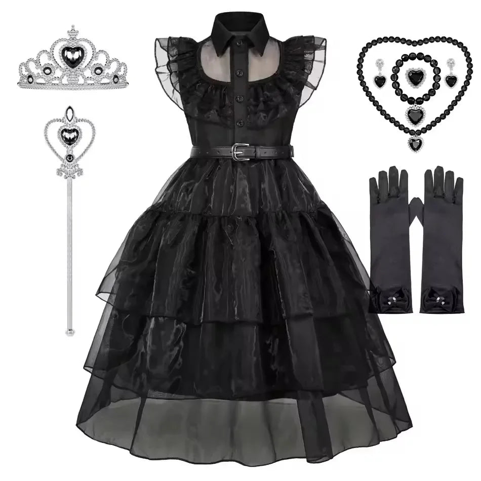 Black Dress Girls TV Series Role Playing Halloween Costume Toddler Adams Weirdo Family Cosplay Apparel
