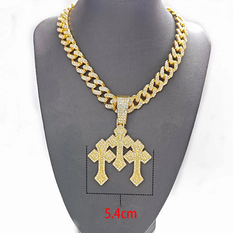 New Iced Out Stacked Crosses Pendant Necklaces for Men With 13mm Cuban Chain Hip Hop Cross Rhinestone Jewelry pendant Gift