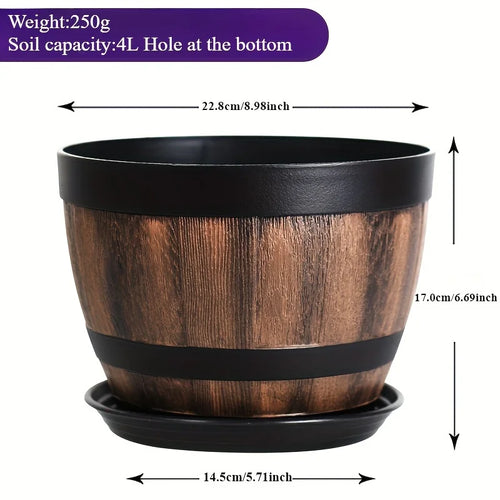 Retro whiskey barrel planter, resin striped garden flower pot with