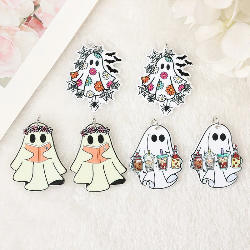 6Pcs Halloween Charms Creative Acrylic Funny Reading Flower Ghost Pendant For Necklace Keychain Diy Making