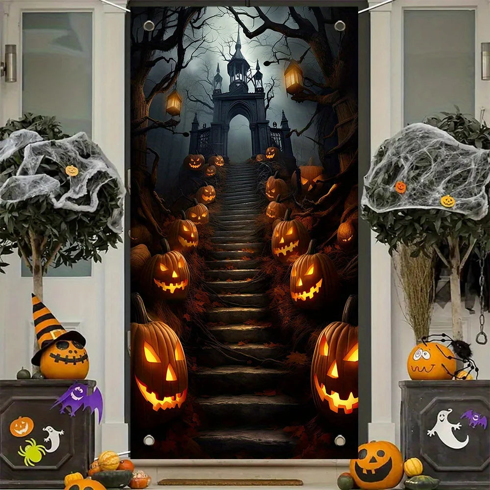 1pc2D flat Halloween theme background cloth banner, scary pumpkin head steps design, Halloween decoration,no power required——sjs