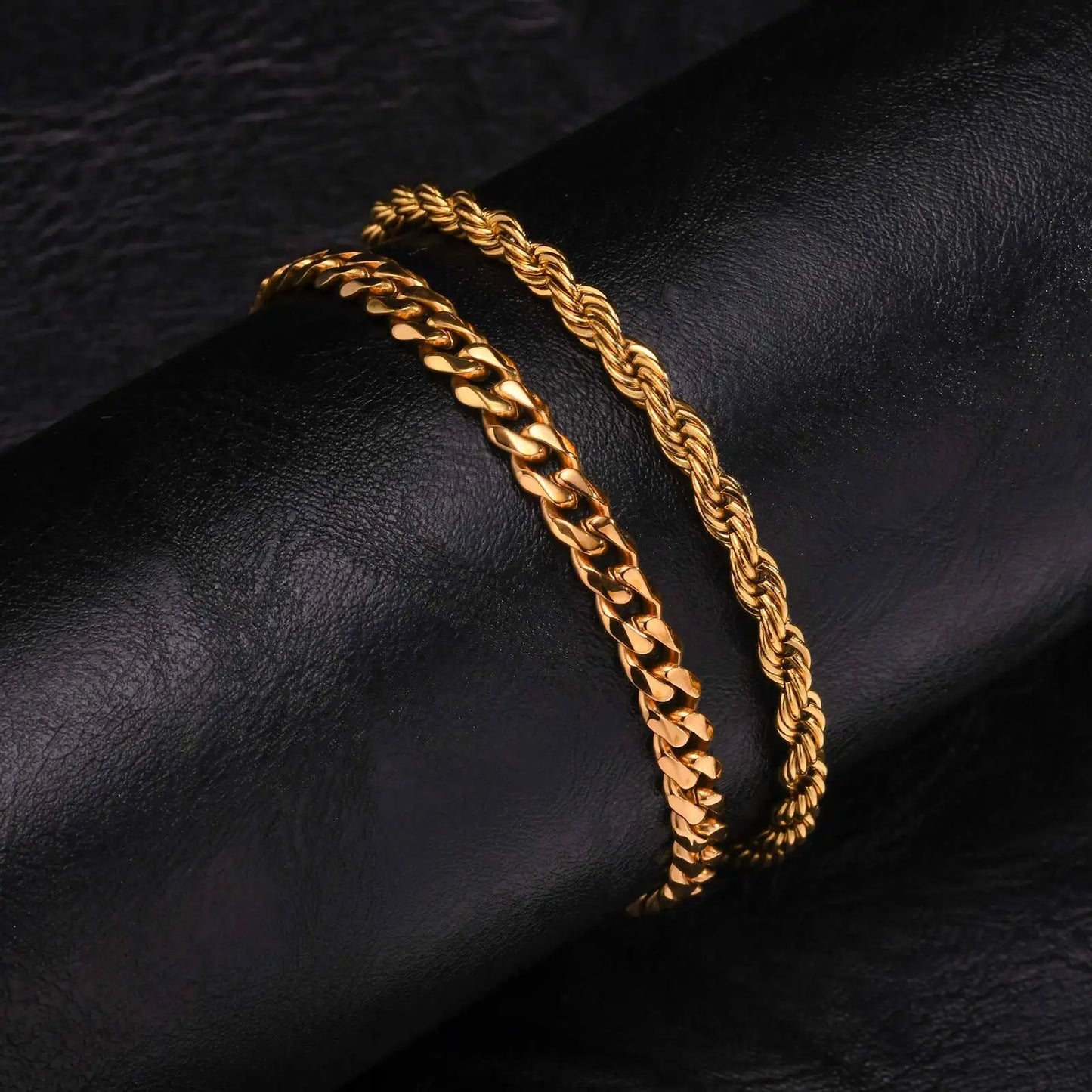 2pcs Men's Chain Bracelets,Silver Gold Black Color Stainless Steel Twisted Rope Chain,Trendy Cuban Chain Wristband Gift
