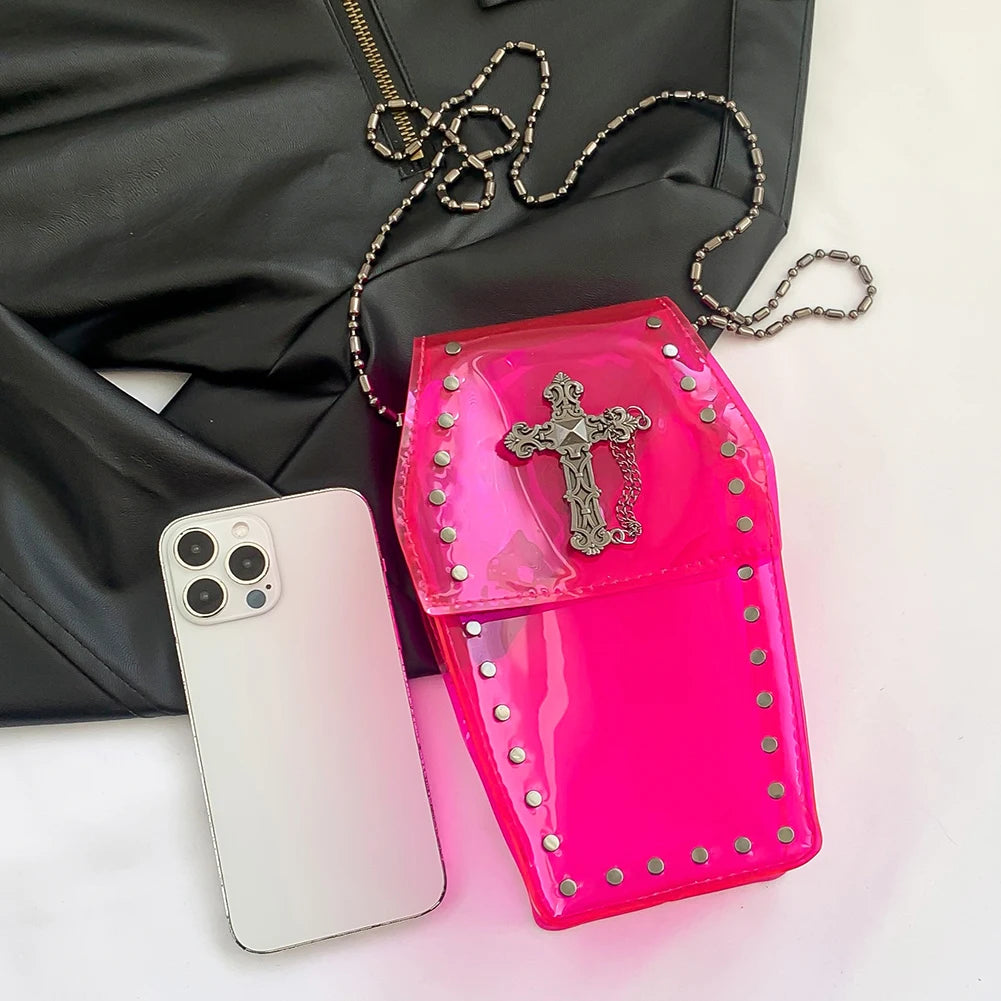 2024 Novelty Coffin Shape Purse Halloween PVC Clear Jelly Chain Crossbody Bag Stadium Approved Phone Bag Punk Retro Shoulder Bag