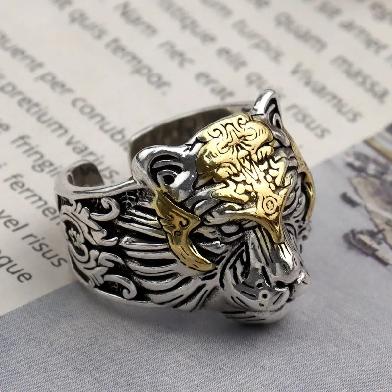 925 Silver Vintage Handsome Golded Tiger Head Mens Rings Hip Hop Style Domineering Ring Suitable for Daily Jewelry Wearing