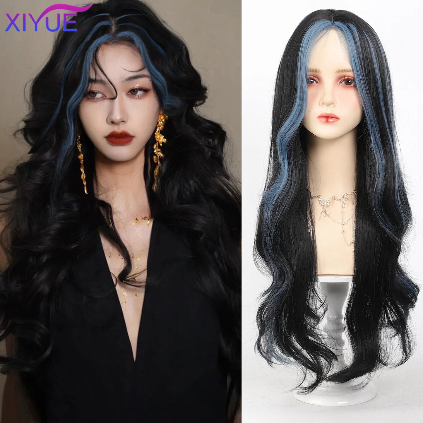 Lace Front Wig Long Straight Synthetic Wigs Light Blue with Ash Highlight Cosplay Wig with Women 、Natural Hair Heat Resistant