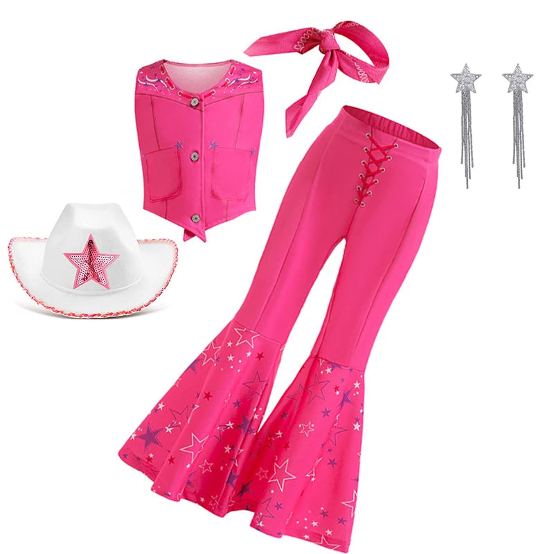 2PCS Pink Top+Trousers Suit with Hat Bag 2025 Girls Margot Robbie Barbi Dress Kids Carnival Halloween Cospaly Clothes Ball Gown