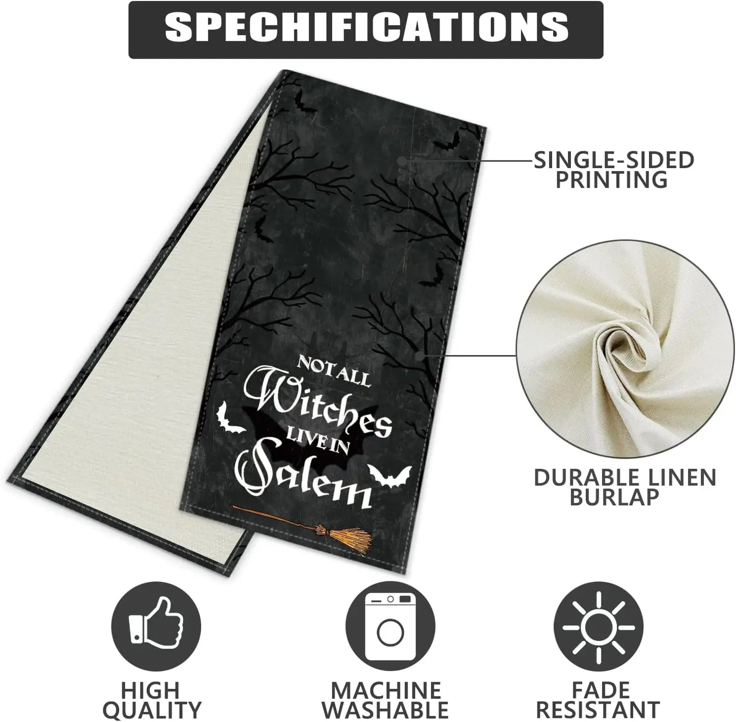 Halloween Bats Broom Not All Witches Live in Salem Holiday Runners Farmhouse Restaurant  Home Kitchen Interiors