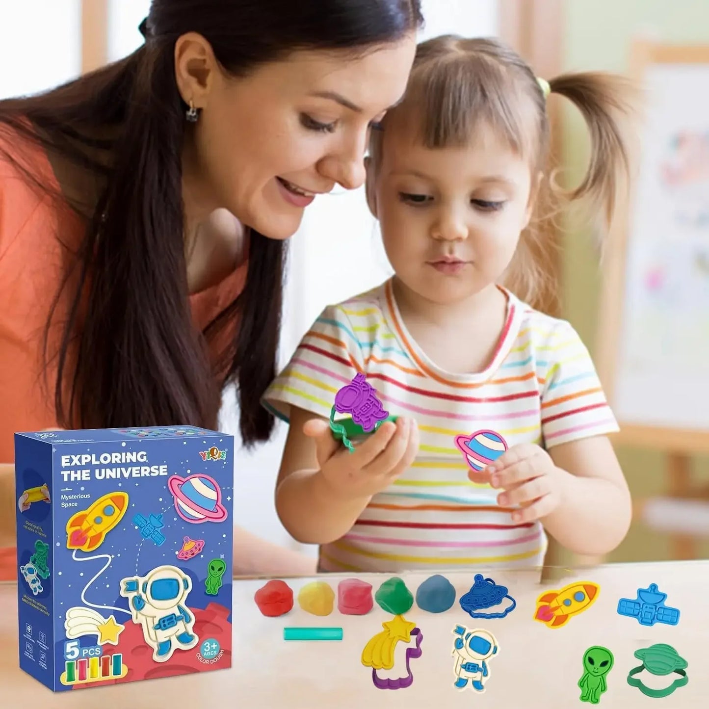 Yeahbo Playdough Sets Toys for Kids 2 3 4 5 Years, Play Dough Tools Plasticine for Children, Playdough Accessories 8 Space Mold