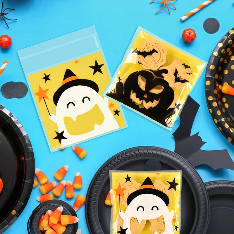 100Pcs Halloween Candy Bags Pumpkin Ghost Plastic Gift Cookie Packaging Bags Halloween Party Decor Supplies Kids Trick or Treat