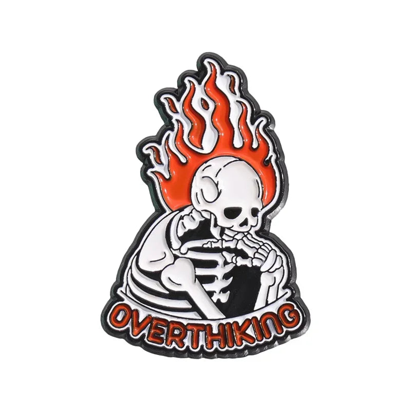 Halloween Skeleton Oil Painting Design Enamel Pins I'm Fine Anxiety Overthiking Skull Brooches Lapel Badge Punk Jewelry Gifts