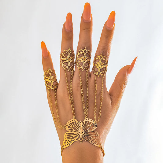 PuRui Punk Metal Finger Rings Bracelet for Women Butterfly Charm Hand Back Chain Bangles Fit Halloween Party Girls Jewelry Gift