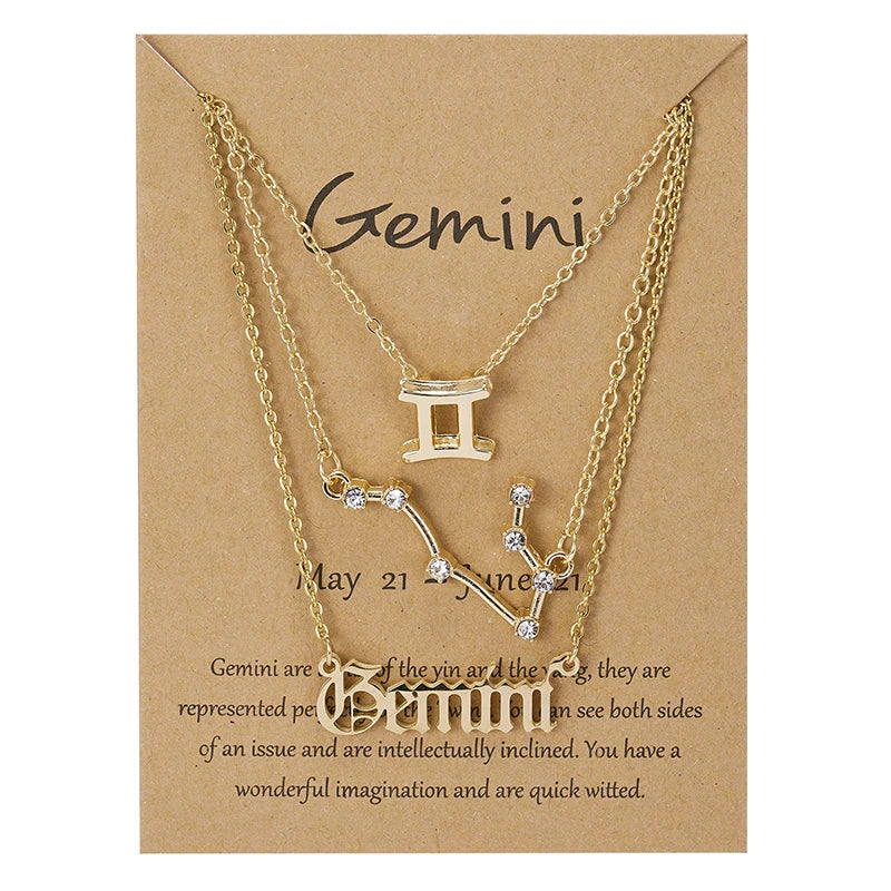 3Pcs/set 12 Zodiac Sign Necklaces Set For Women Constellation Pendant Chain Choker Birthday Jewelry With Cardboard Card