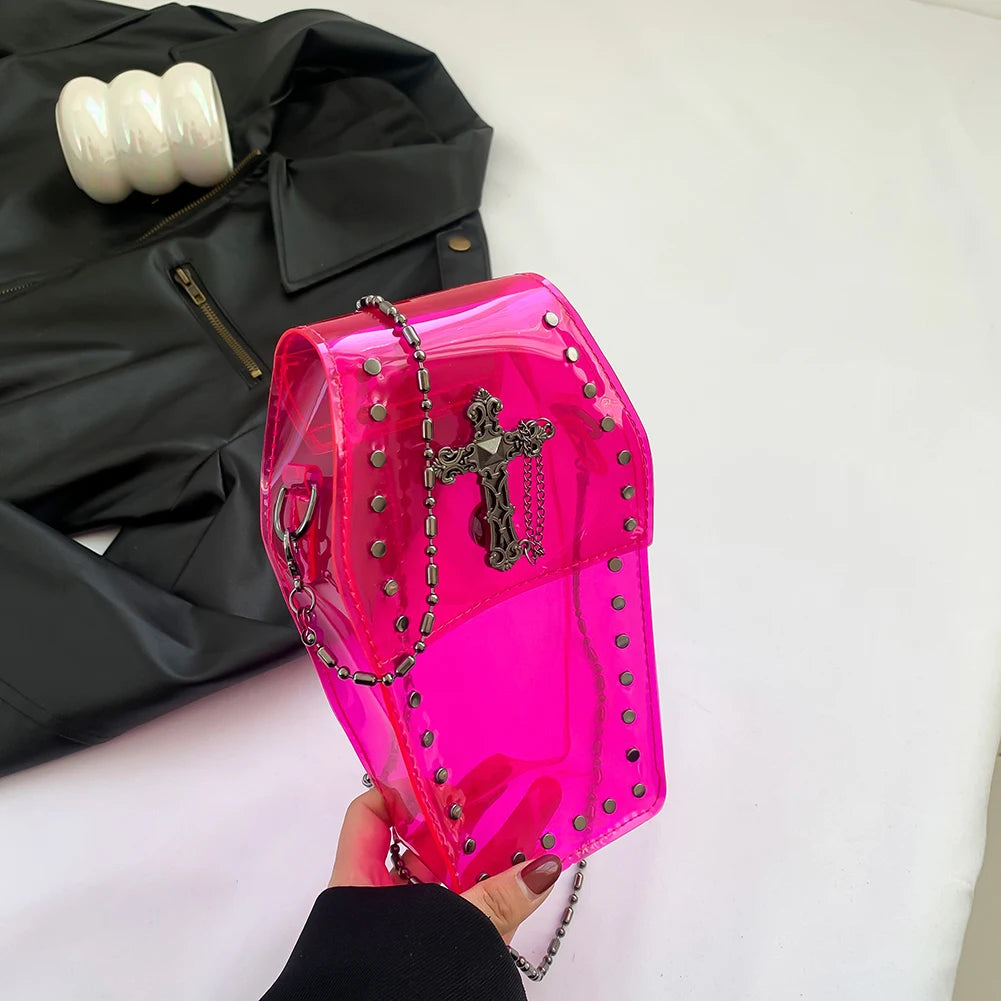 2024 Novelty Coffin Shape Purse Halloween PVC Clear Jelly Chain Crossbody Bag Stadium Approved Phone Bag Punk Retro Shoulder Bag