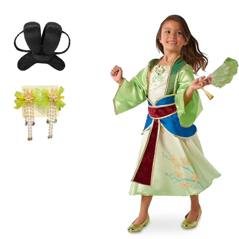 Halloween Girls Mulan Dress Children Fancy Fairy Princess Dress Up Chinese Style Christmas Vintage Green Floral Dresses Hanfu