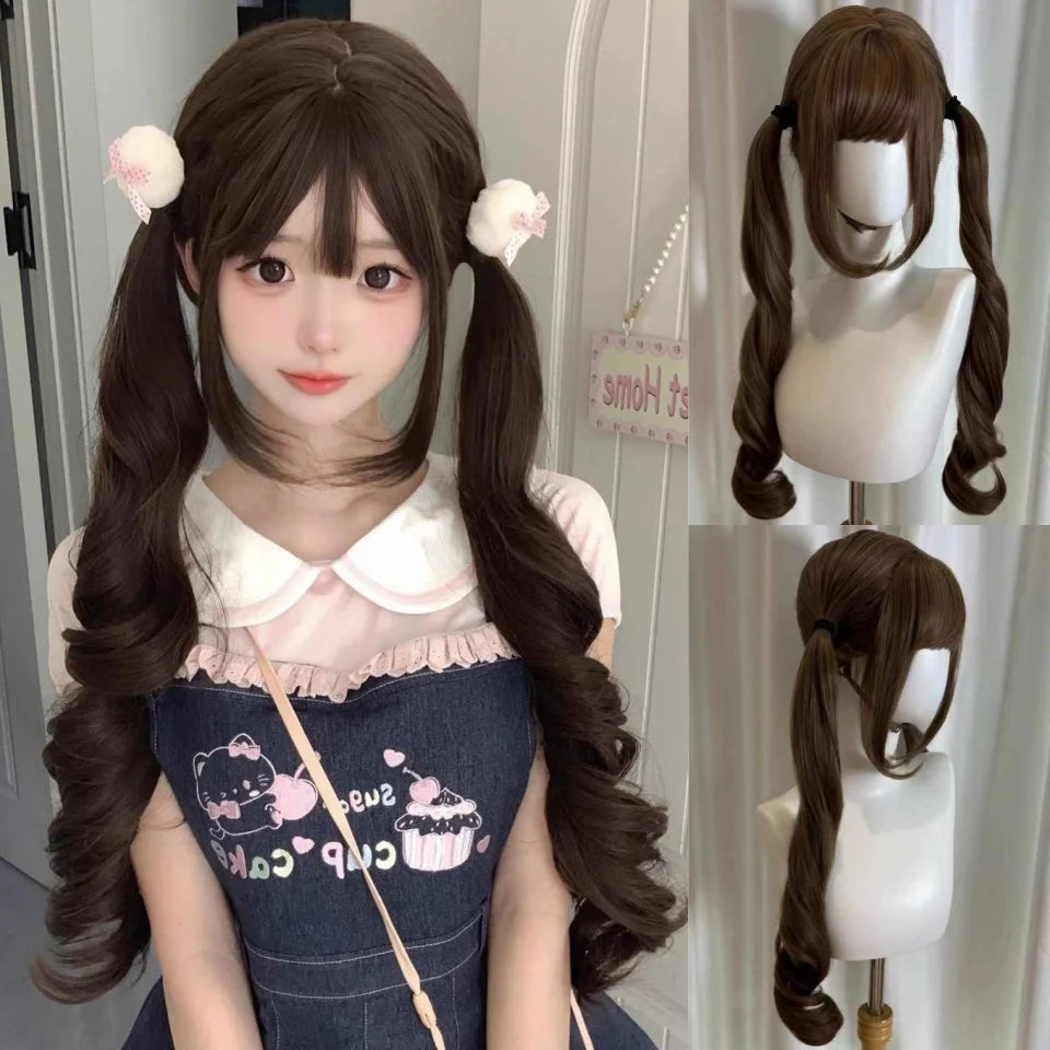 Synthetic Short Lolita Cosplay Christmas Halloween Bob Brown Blonde LM Wig With Long Curly Ponytail Natural Fake Hair for Women