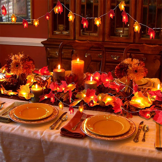 100Pcs Random Color Autumn Artificial Maple Leaf 2M 20LED Light String Garland Thanksgiving for Family Harvest Halloween Decor