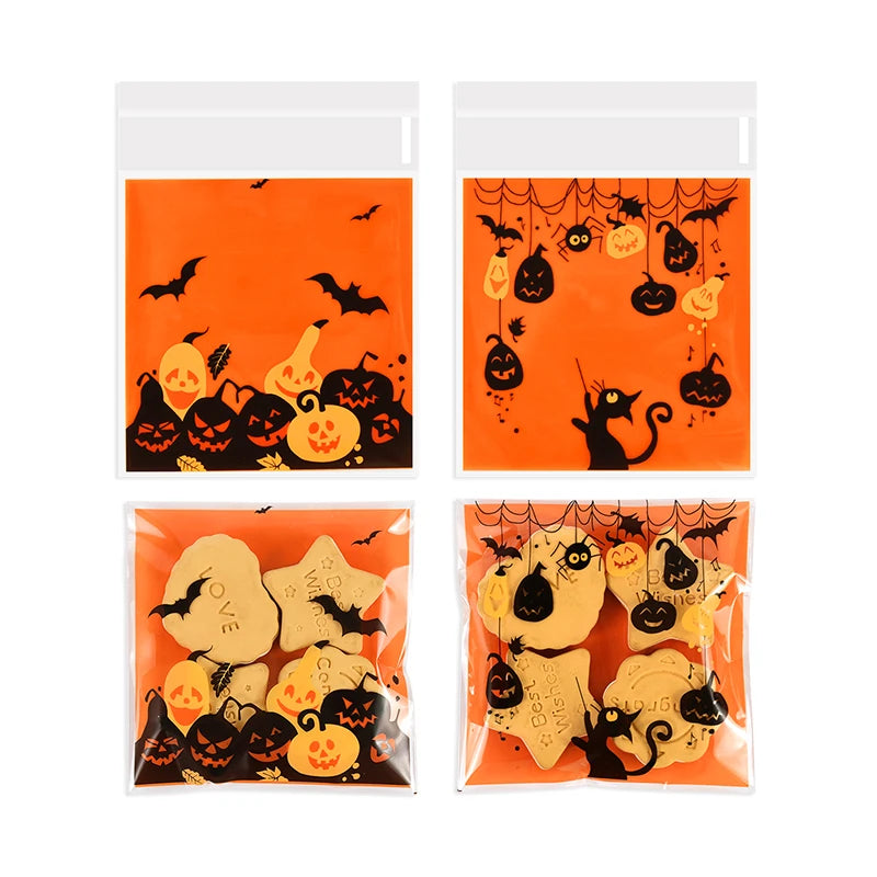 100Pcs Halloween Candy Bags Pumpkin Ghost Plastic Gift Cookie Packaging Bags Halloween Party Decor Supplies Kids Trick or Treat