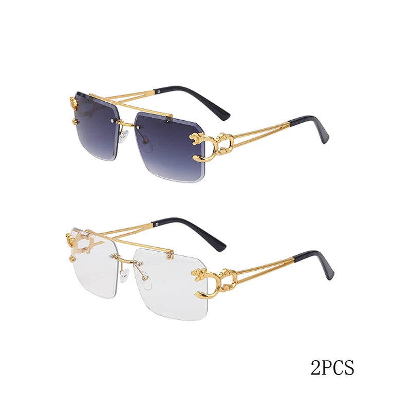Fashion Metal Leopard Rimless Sunglasses Double Bridges Gradient Ocean Film Shades UV400