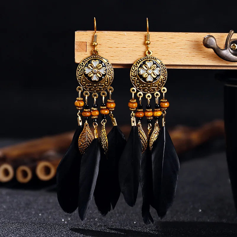 Bohemian Vintage Jewelry For Women 2024 Trendy Carved Leaf Feather Tassel Long Earrings