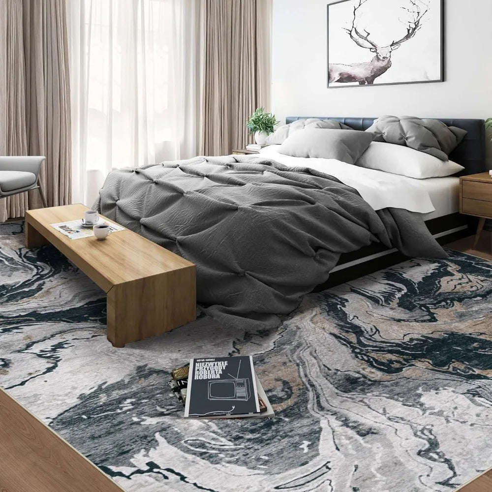 Large Neutral Abstract Area Rugs for Living Room and Bedroom: Modern Marble Design, Washable, Soft, and Non-Slip Indoor Carpets