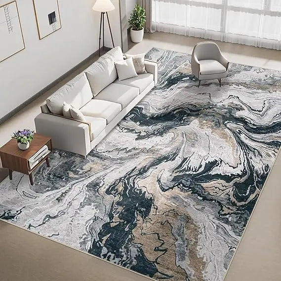 Large Neutral Abstract Area Rugs for Living Room and Bedroom: Modern Marble Design, Washable, Soft, and Non-Slip Indoor Carpets