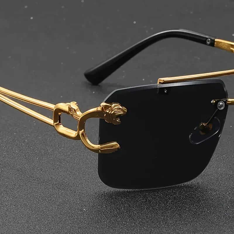 Vintage Luxury Golden Fahsion Glasses Cool Tiger Stand Women's Frameless Black For Men And Women Outdoor Travel Anti Glare Glass