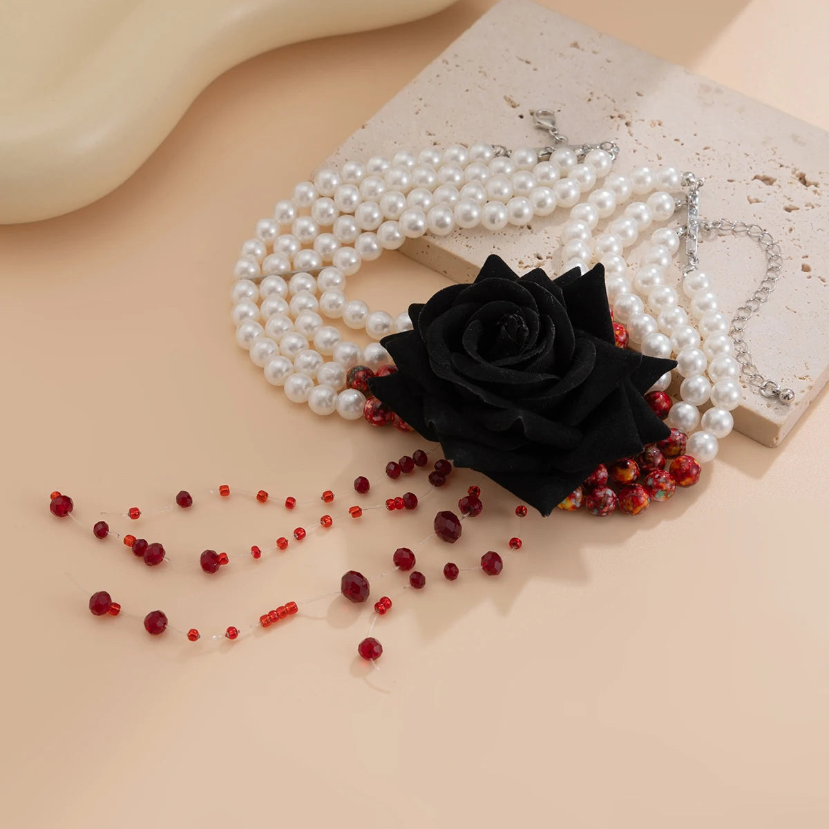 Ingemark Multilayer Imitation Pearl Rose Flower Clavicle Chain Necklace Women Goth Red Crystal Pendant Choker Halloween Jewelry