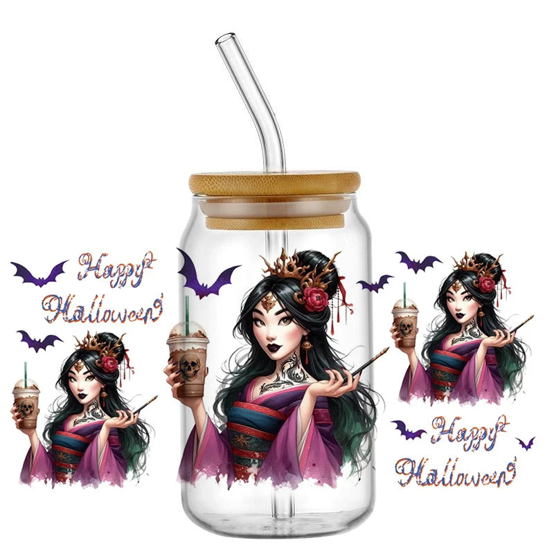 Miniso Halloween Stitch Mixed Cartoon Pattern Transfer Stickers Waterproof UV DTF Cup Wraps 3D Wrap Decal For 16oz Libbey Glass