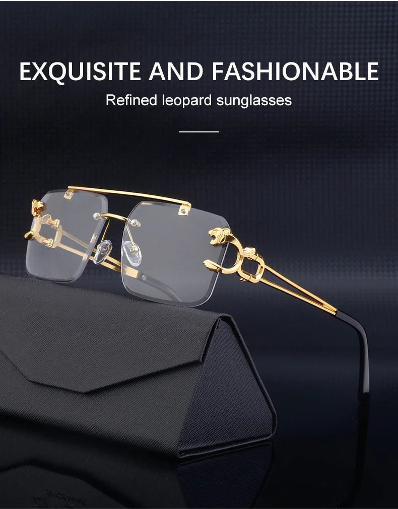Fashion Metal Leopard Rimless Sunglasses Double Bridges Gradient Ocean Film Shades UV400