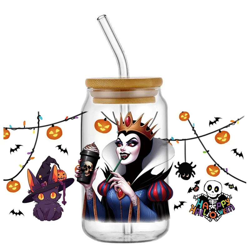 Miniso Halloween Stitch Mixed Cartoon Pattern Transfer Stickers Waterproof UV DTF Cup Wraps 3D Wrap Decal For 16oz Libbey Glass