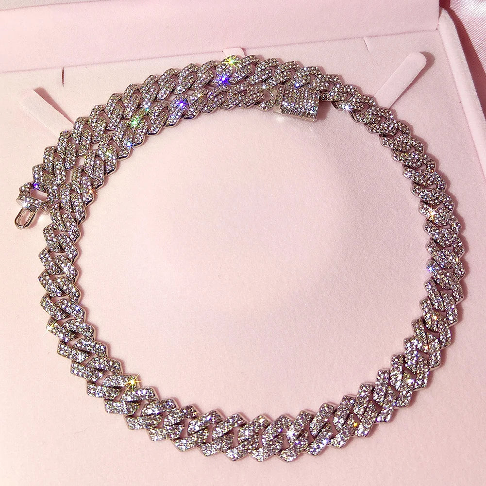 14MM Miami Prong Cuban Link Chain Necklace for Women Gold Silver Color Luxury 2 Row Rhinestones Cuban Choker Iced Out Jewelry