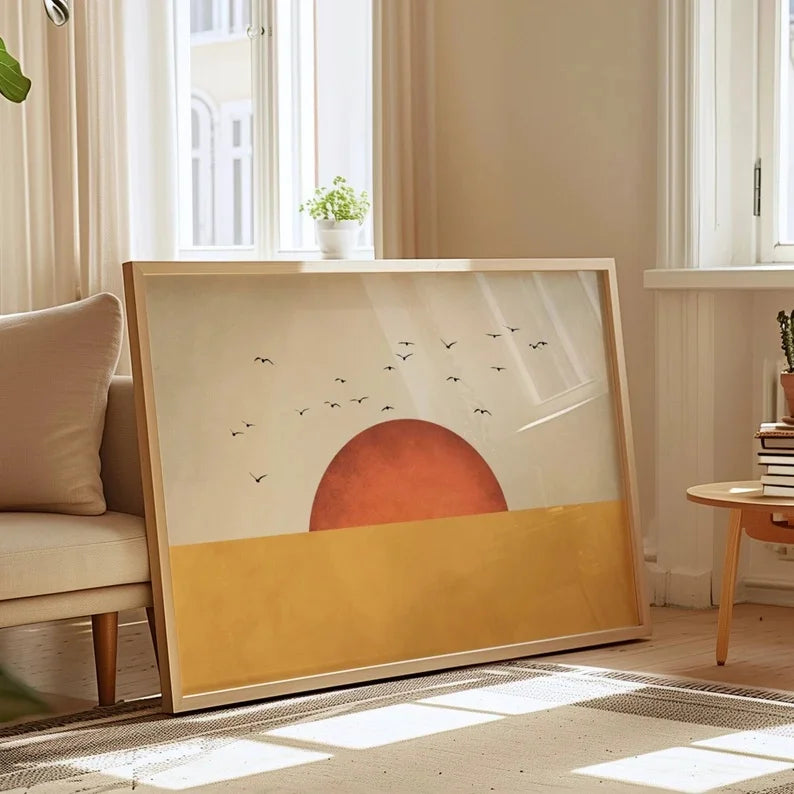 Yellow Flock of Birds Wall Cavans Art, Orange Sun Art Print, Japandi Wall Art, Abstract Landscape, Living Room Decor, Wall Art