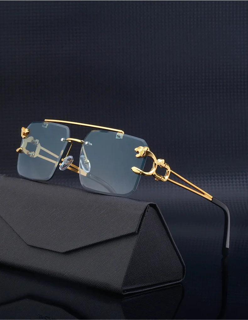 Fashion Metal Leopard Rimless Sunglasses Double Bridges Gradient Ocean Film Shades UV400