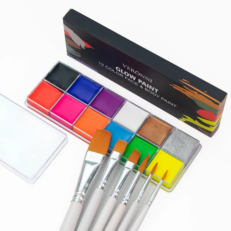 12 Cores UV Glow Paint Fluorescent Neon Oil Face Body Cosmetic Palette for Halloween Party Paint Fancy Dress Kid Cosplay Makeup