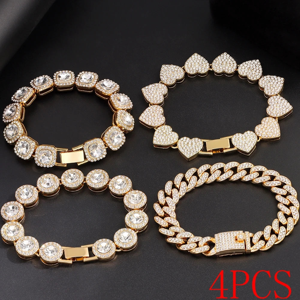 4Pcs Iced Out Chain Cuban Bracelet for Women Men Hip Hop Gold Silver Color Full Rhinestone Heart Circle Square Bracelet Jewelry