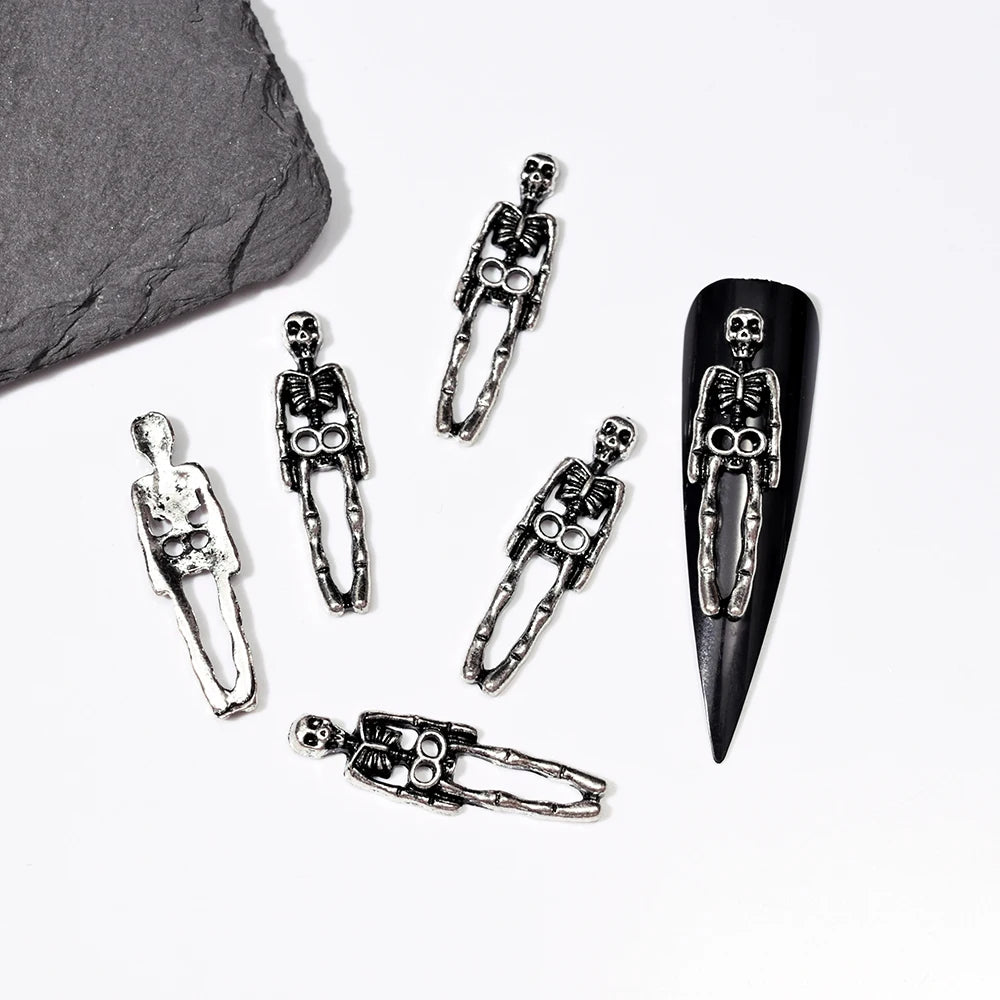10pcs Bone Skeleton Halloween Nail Charms Scary Decoration Nail DIY 2023 Skull Cross Halloween Metal Nail Art Parts Gems