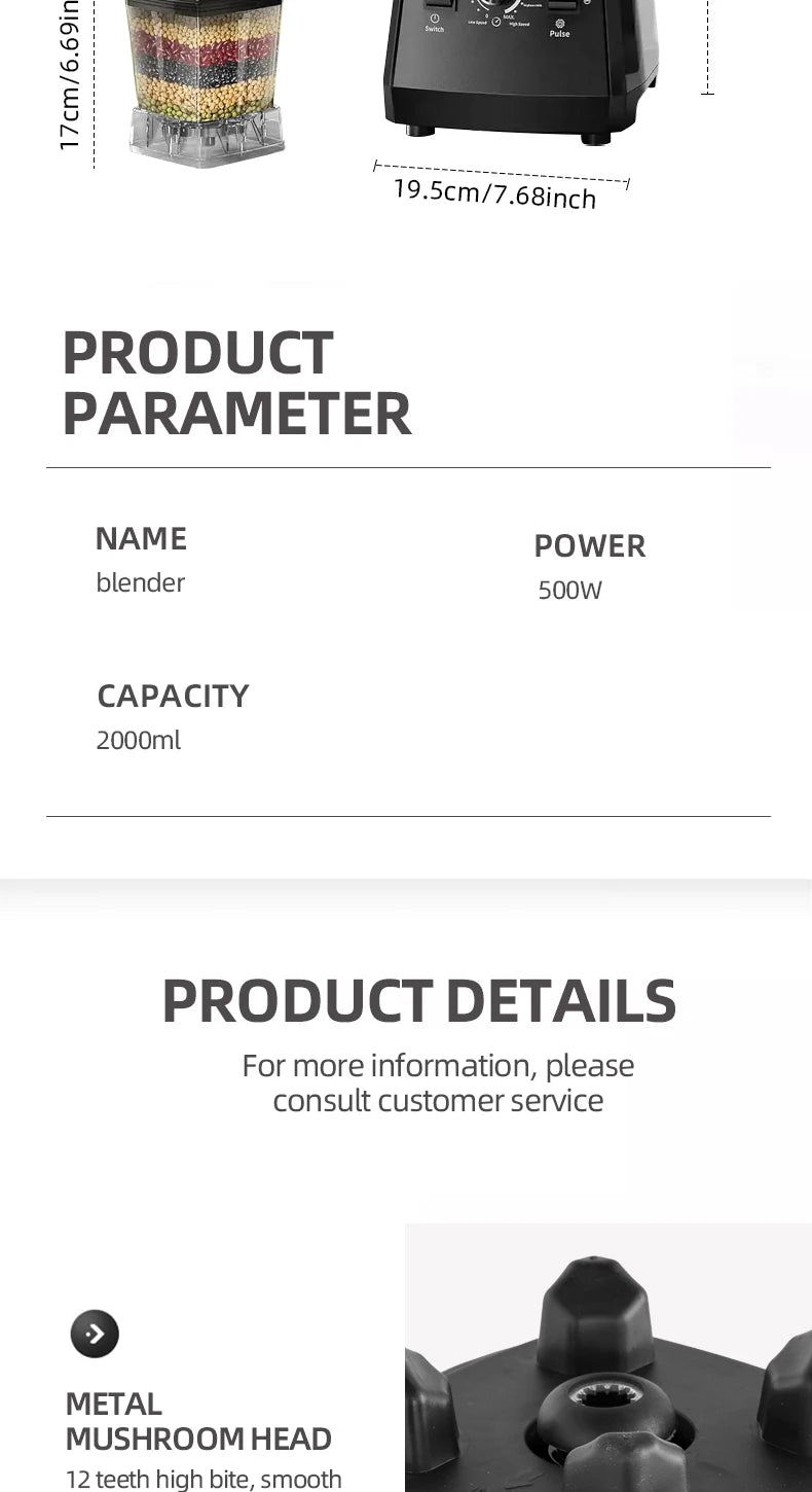 2000W Heavy Duty Commercial Blender Stationary Mixer Ice Smoothies Appliances for Kitchen Professional High Power Food Processor