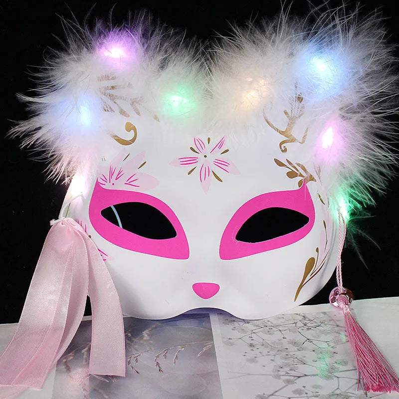 Luminous Led Mask Japanese Foxes Mask Rave Costume Anime Half Face Cat Masks Masquerade Festival Halloween Party Cosplay Props