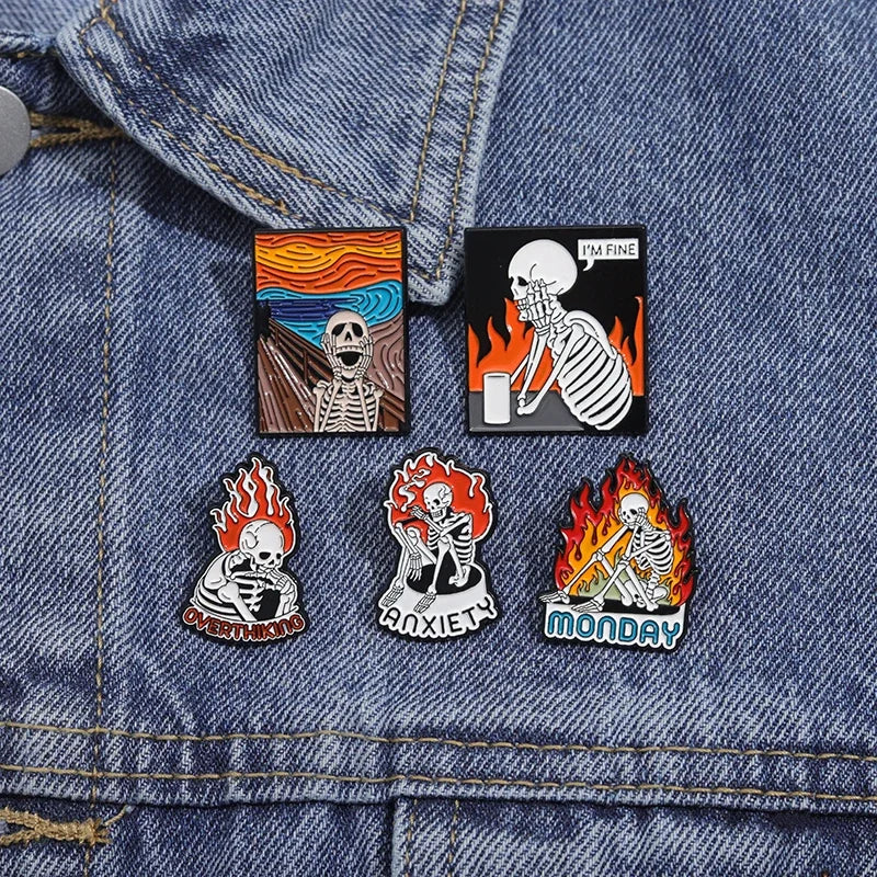 Halloween Skeleton Oil Painting Design Enamel Pins I'm Fine Anxiety Overthiking Skull Brooches Lapel Badge Punk Jewelry Gifts