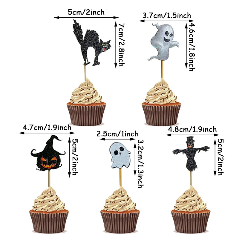 6pcs Happy Halloween Cake Topper Cartoon Pumpkin Witch Ghost Cupcake Topper  Halloween Themed Party Decoration Birthday Supplies