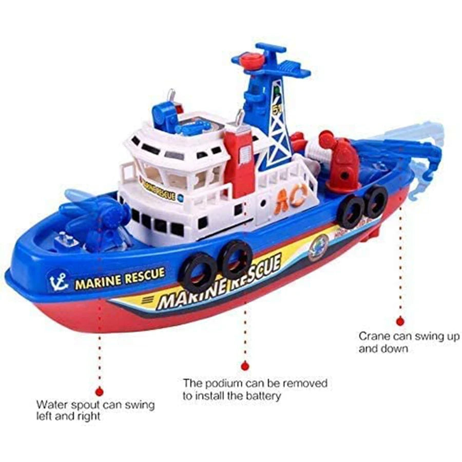 Electric Marine Rescue Boat Toy Fire-fighting Boat Bathing Speedboat Toy with Sound Light Up Toys for Kids Spray Water Swim Pool