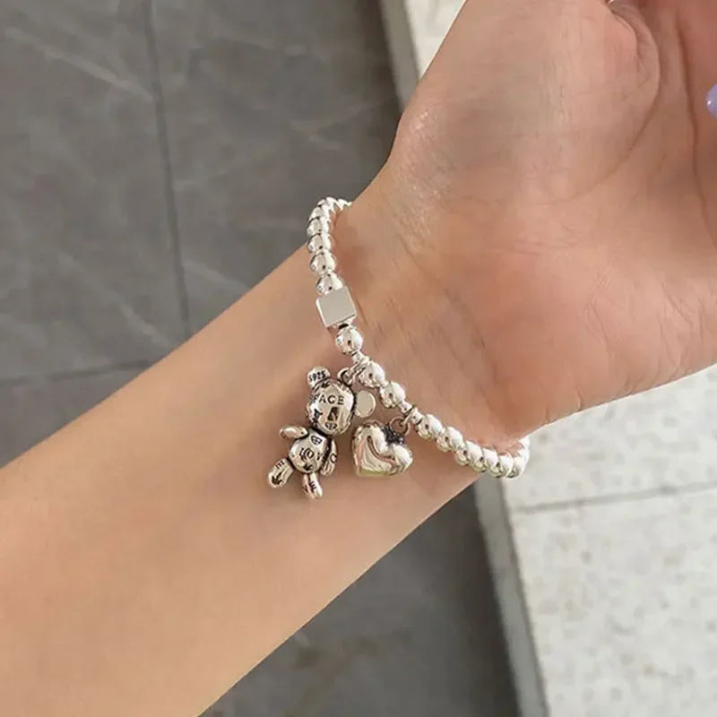 925 Sterling Silver Bracelets for Women String of Beads Accessories Trend Vintage Simple Cute Bear Pendant Party Jewelry  팔찌