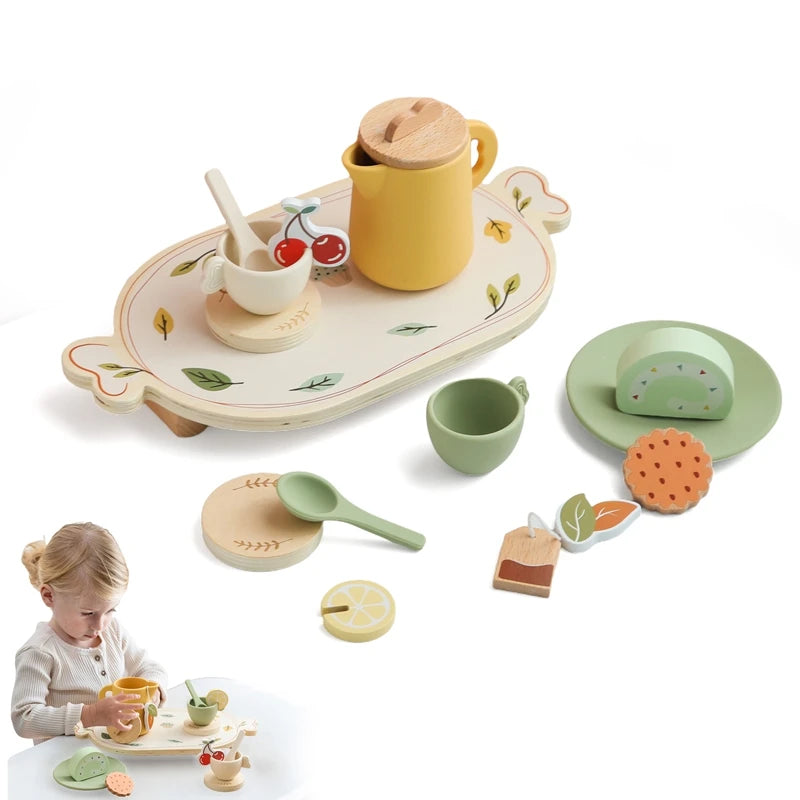 Kids Wooden Montessori Toys Afternoon Tea Set Pretend Play Kitchen Food Learning Role Play Game Baby Early Educational Toys Gift