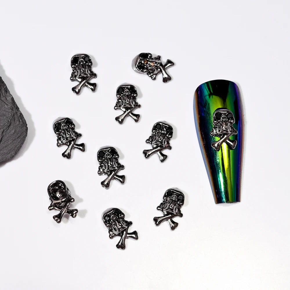 10pcs Bone Skeleton Halloween Nail Charms Scary Decoration Nail DIY 2023 Skull Cross Halloween Metal Nail Art Parts Gems