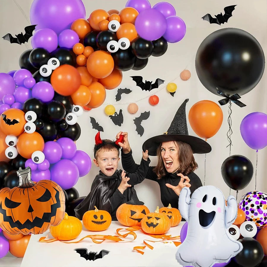 107 Halloween Themed Balloon Arch Set Halloween Pumpkin Ghost with Purple Black Orange Latex Balloon Perfect for Halloween Party Funny Birthday Party Christmas and Evening Party Decoration First Choice