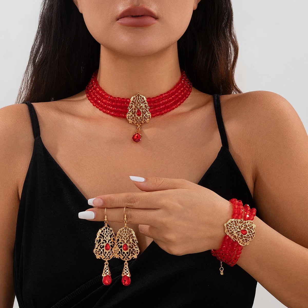 Ingemark Goth Multilayer Crystal Chain Necklace Bracelet Drop Earrings for Women Temperament Jewelry Set Halloween Accessories