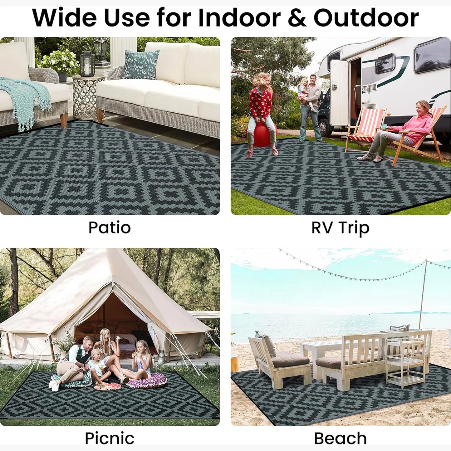 152x244CM Outdoor Rug for Patio Waterproof Anti-slip Plastic Straw Garden Mat Carpet UV Resistant Rugs for Camping Beach Picnic