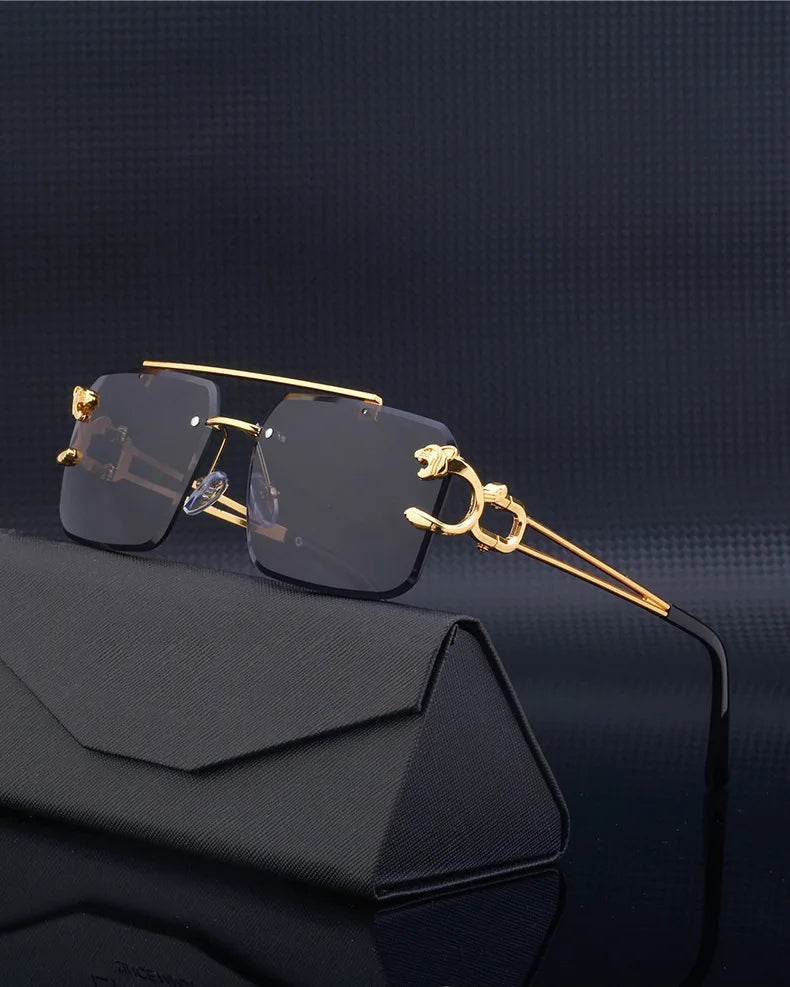 Fashion Metal Leopard Rimless Sunglasses Double Bridges Gradient Ocean Film Shades UV400